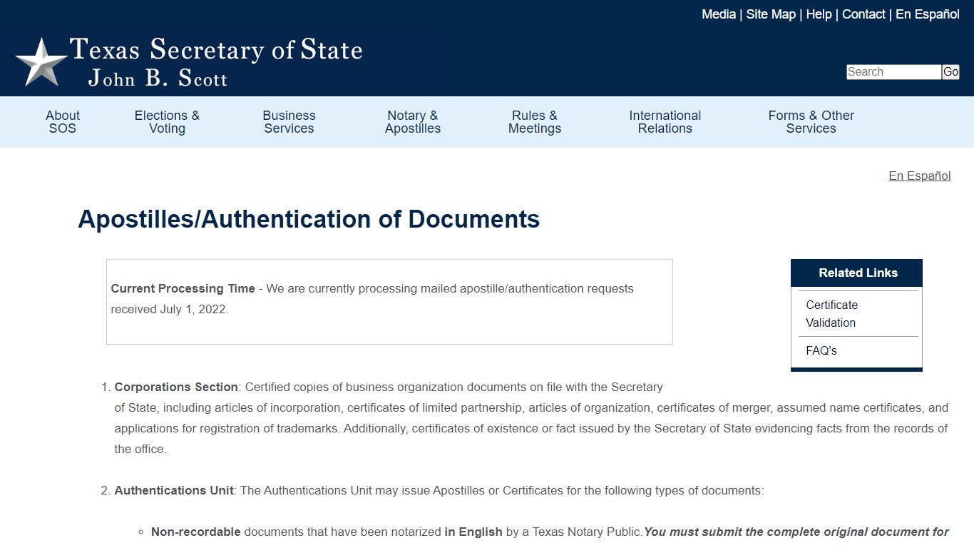 Apostilles/Authentication of Documents - Secretary of State of Texas