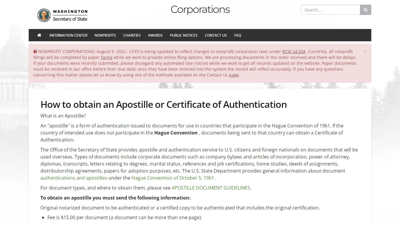 How to obtain an Apostille or Certificate of Authentication